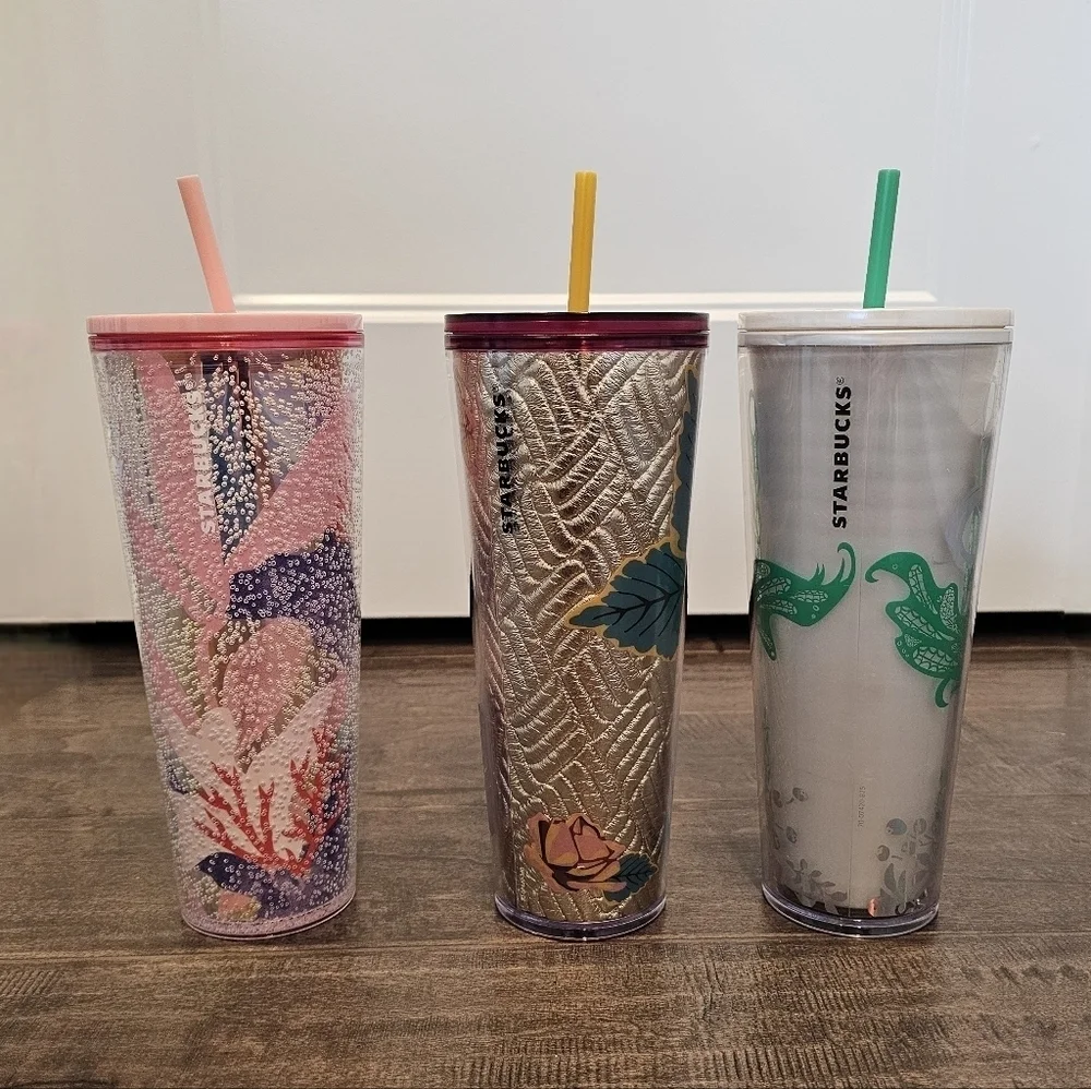 New Starbucks Trio of Artistic Tumblers with Pink, Gold, and Green Colors 24 Oz